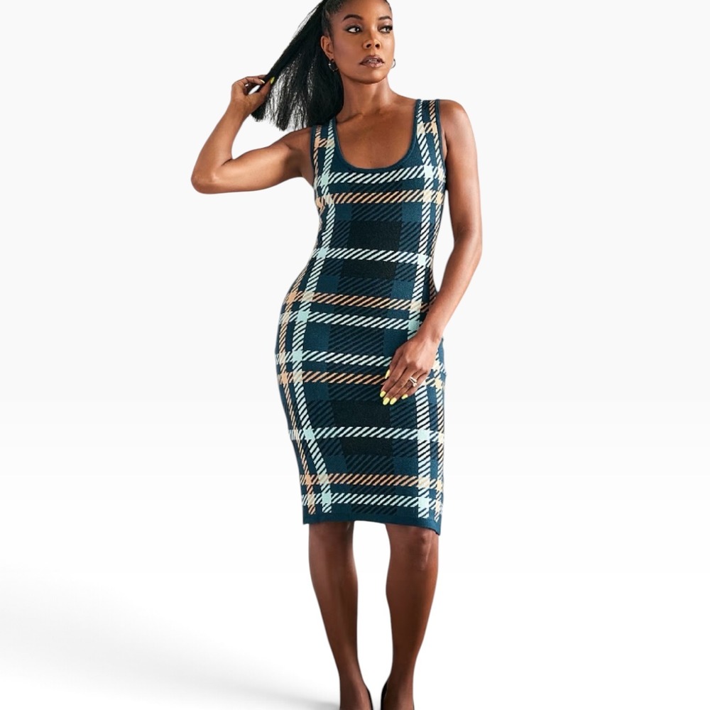 NWT Gabrielle Union Plaid Knit Sweater Dress Large Navy Orange Midi Workwear
